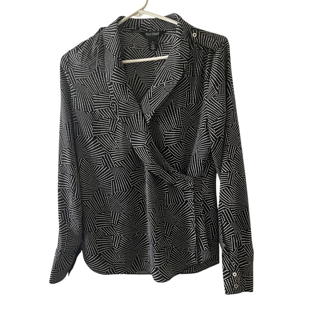 White House Black Market Womens 4 Black‎ White Geometric Dot Wrap Blouse Top